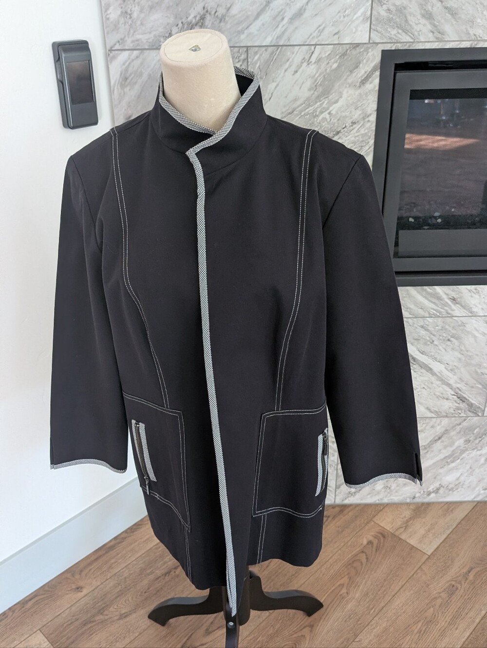 Black Longline Jacket with Contrast Trim